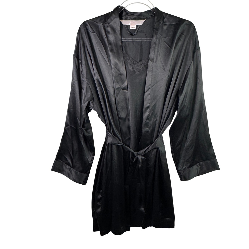 Victoria's Secret Black Satin Robe & Lace‎ Slip Dress Lingerie Set OS XS Black
